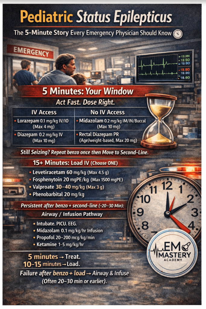 Infographic titled 'Pediatric Status Epilepticus' detailing emergency treatment protocols for pediatric seizures, highlighting critical timeframes and medication options for IV and non-IV access.