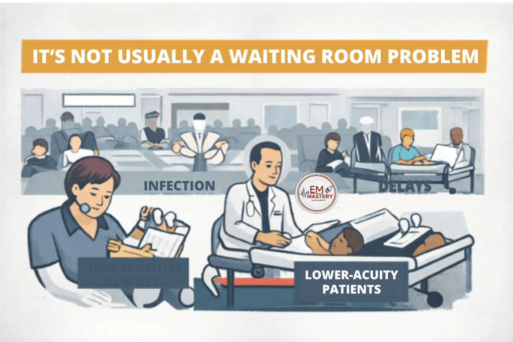 Illustration showing various healthcare scenarios with an emphasis on issues like infection and delays in treatment, highlighting that waiting room problems are not the main concern. Features medical professionals and patients in different settings.
