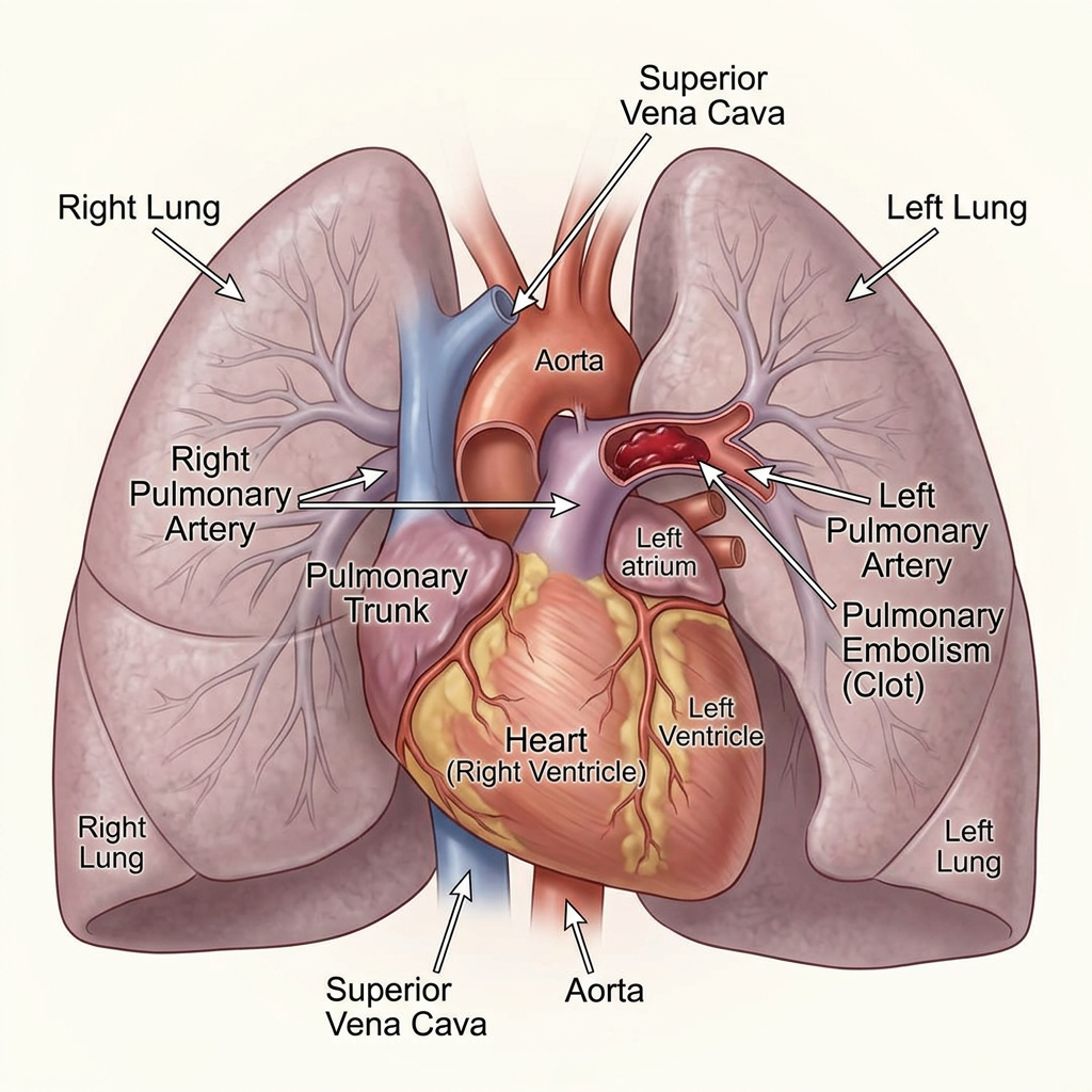 Diagram showing heart and lungs with labeled pulmonary embolism (clot) in left pulmonary artery