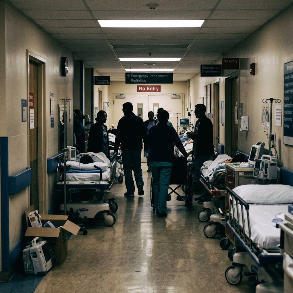 Hospital corridor with medical staff, patients, and equipment in emergency department