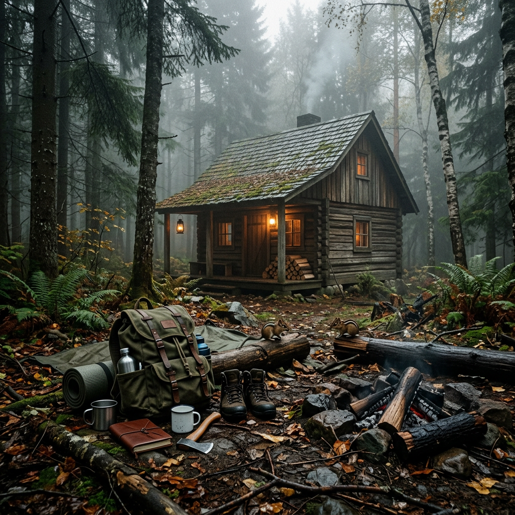 Log cabin in misty forest surrounded by camping gear and campfire