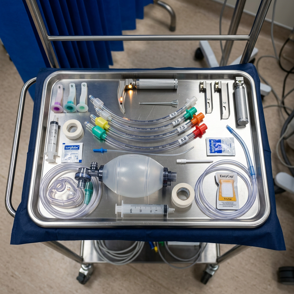Tray with intubation tubes, laryngoscope, syringe, bag valve mask, and airway accessories.