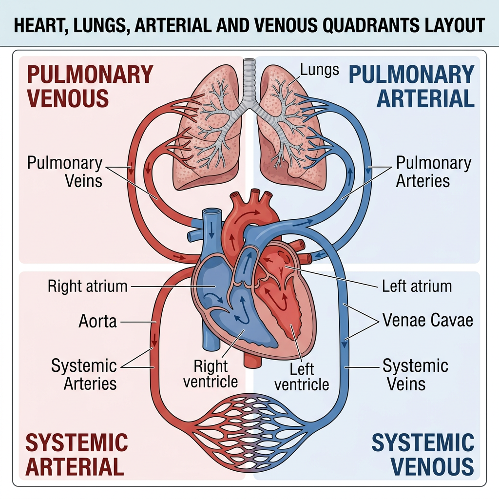 Diagram of heart and lungs highlighting pulmonary and systemic arterial and venous circulation.